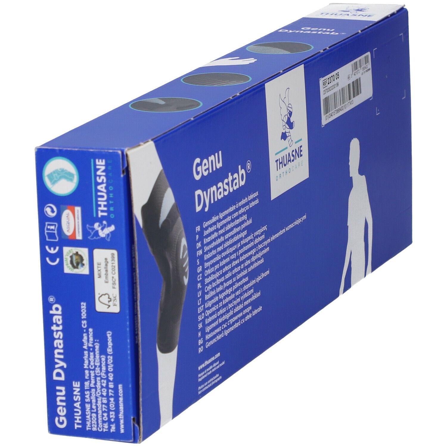 Verpakking, schuine weergave. Merk Thuasne, productnaam Genu Dynastab. Kniebrace afgebeeld. CE-markering.
