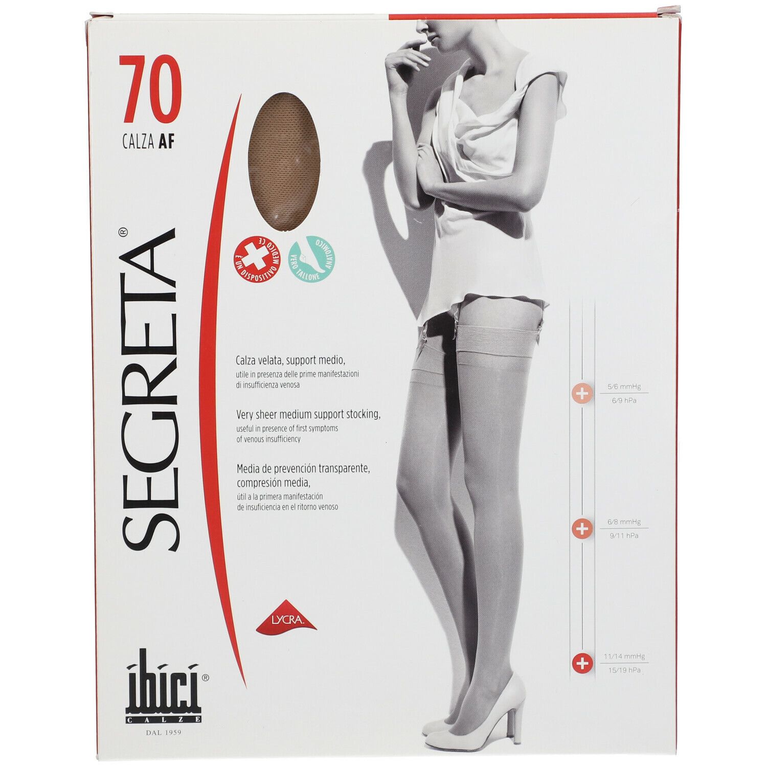Boîte de bas "SEGRETA" et "ibici". Image d'une femme portant des bas. Texte : "70 CALZA AF". Présence de logos et de mentions.