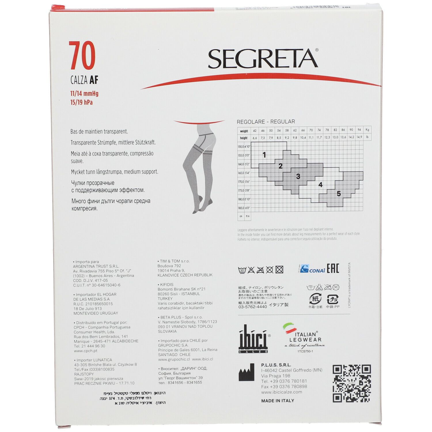 Dos de la boîte de bas "SEGRETA". Texte : "70 CALZA AF", "15/18 mmHg". Diagramme de tailles. Présence de logos et de texte.