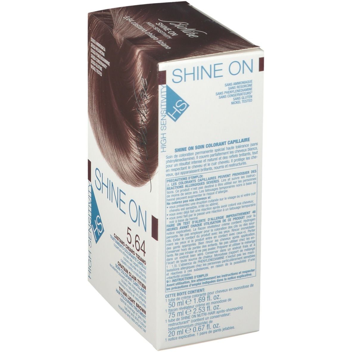 Emballage de coloration capillaire, marque Bionike. Nom du produit Shine On 5.64. Texte sur l'emballage en plusieurs langues. Contient 50 ml, 75 ml et 20 ml.
