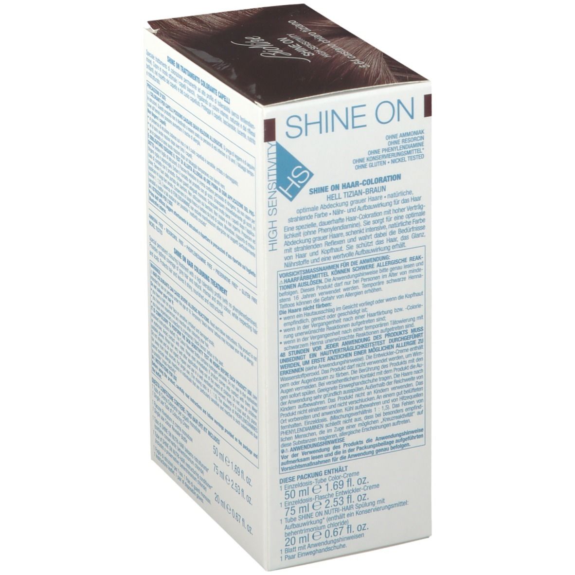 Emballage de coloration capillaire, marque Bionike. Nom du produit Shine On. Texte en plusieurs langues. Contient 50 ml, 75 ml et 20 ml. Brun clair Tiziano.