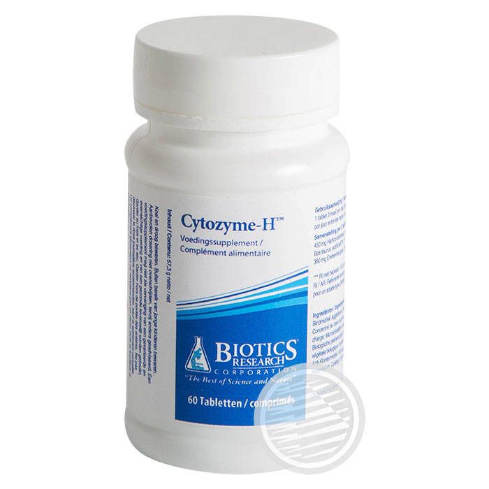 Flacon blanc, liseré bleu. Inscription: Cytozyme-H, Biotics Research, 60 comprimés. Complément alimentaire.