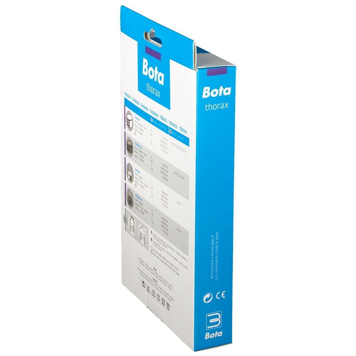 Vue latérale de l'emballage Bota Thoraxgurt. Informations de taille et illustrations. Taille M, 80-110 cm.