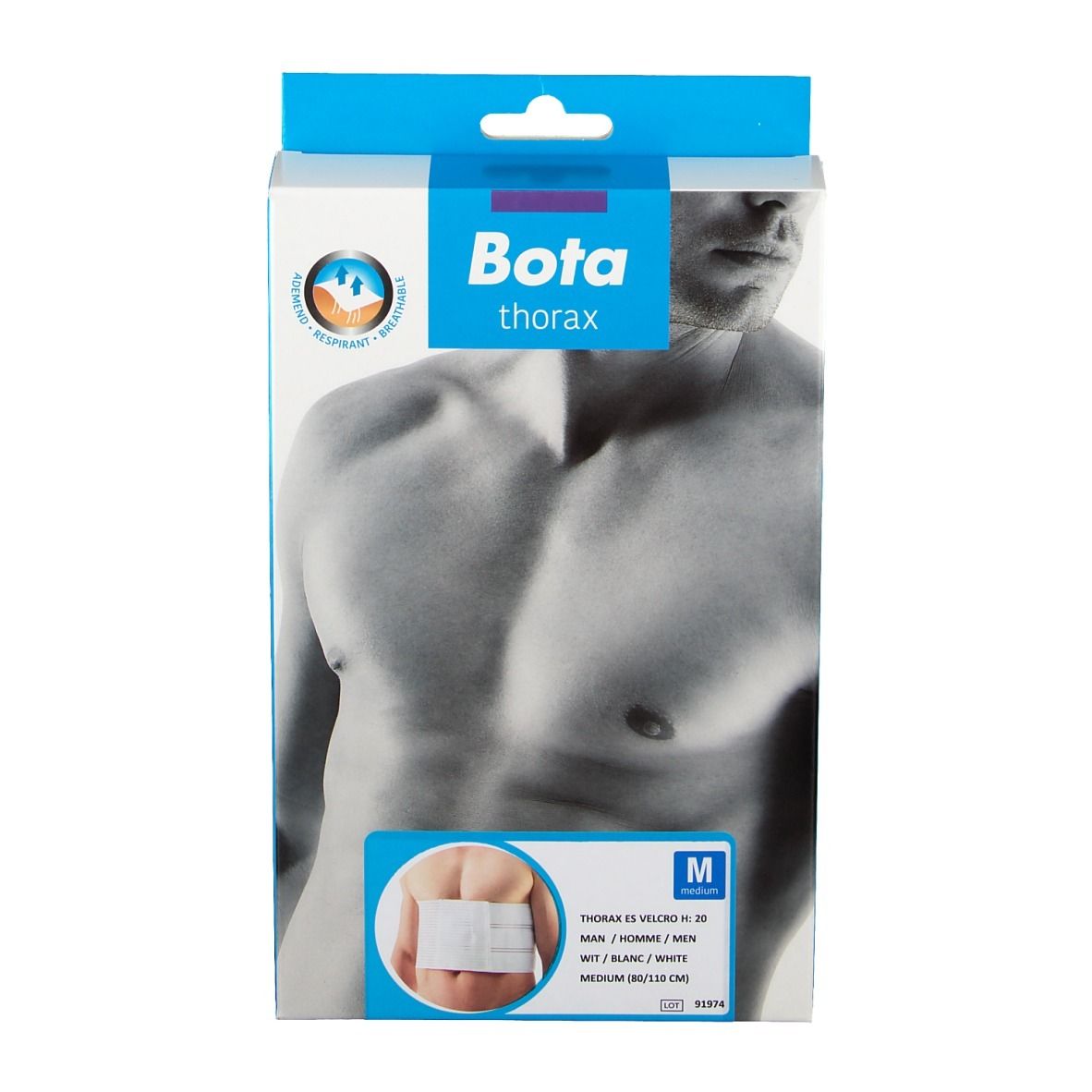 Emballage Bota Thoraxgurt, vue de face. Produit blanc illustré. Taille M, 80-110 cm.