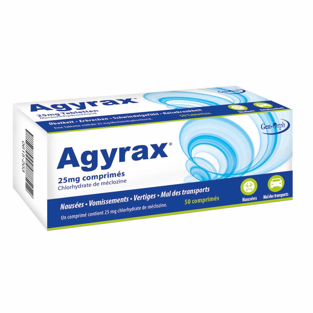 Boîte Agyrax® 25 mg. 50 comprimés. Textes en allemand, français et néerlandais. Logo Gen-orph.