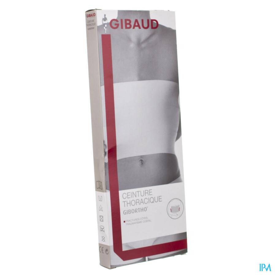 Verpakking met productafbeelding. Opschrift: GIBO, CEINTURE THORACIQUE, GIBORTHO. Rode streep. Productafbeelding: witte borstband.