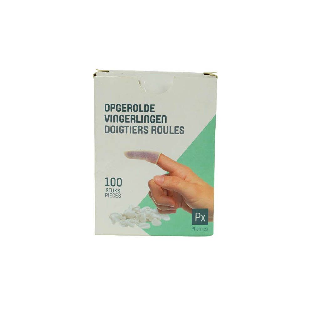 Verpakking met 100 vingertoppen. Opschrift: OPGEROLDE VINGERLINGEN, DOIGTIERS ROULES. Vingertop op vinger. Merk: Pharmex.