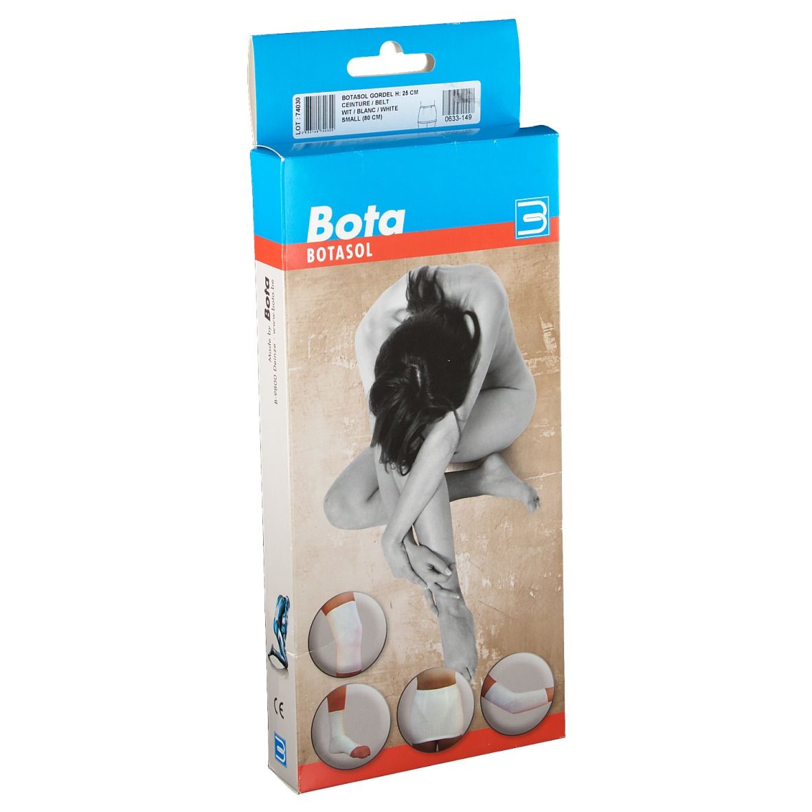 Verpakking van Botasol Belt. Opdruk: Bota, vrouw, productillustraties. Blauw-wit ontwerp.