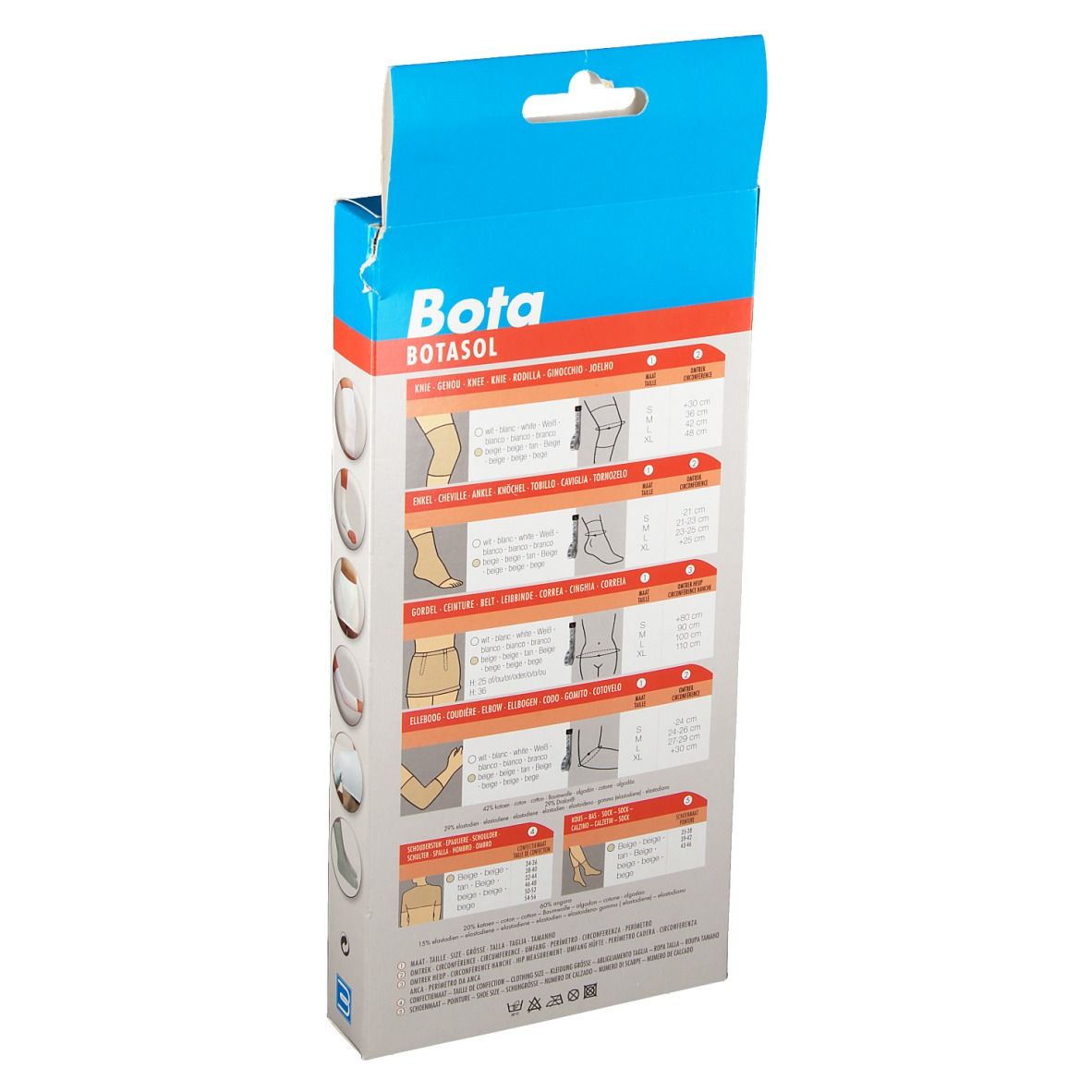 Achterkant van de Botasol Belt verpakking. Diagrammen en maatvoeringen voor verschillende lichaamsdelen.
