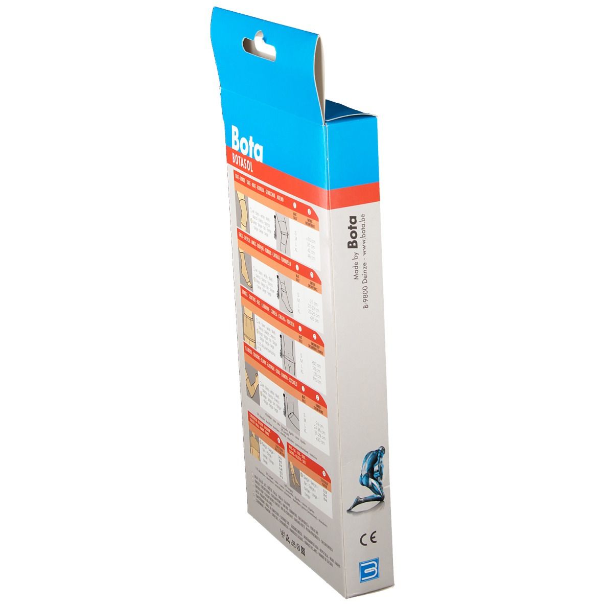 Zijaanzicht van de Botasol Belt verpakking. Diagrammen en maatvoeringen. Blauw-wit ontwerp.