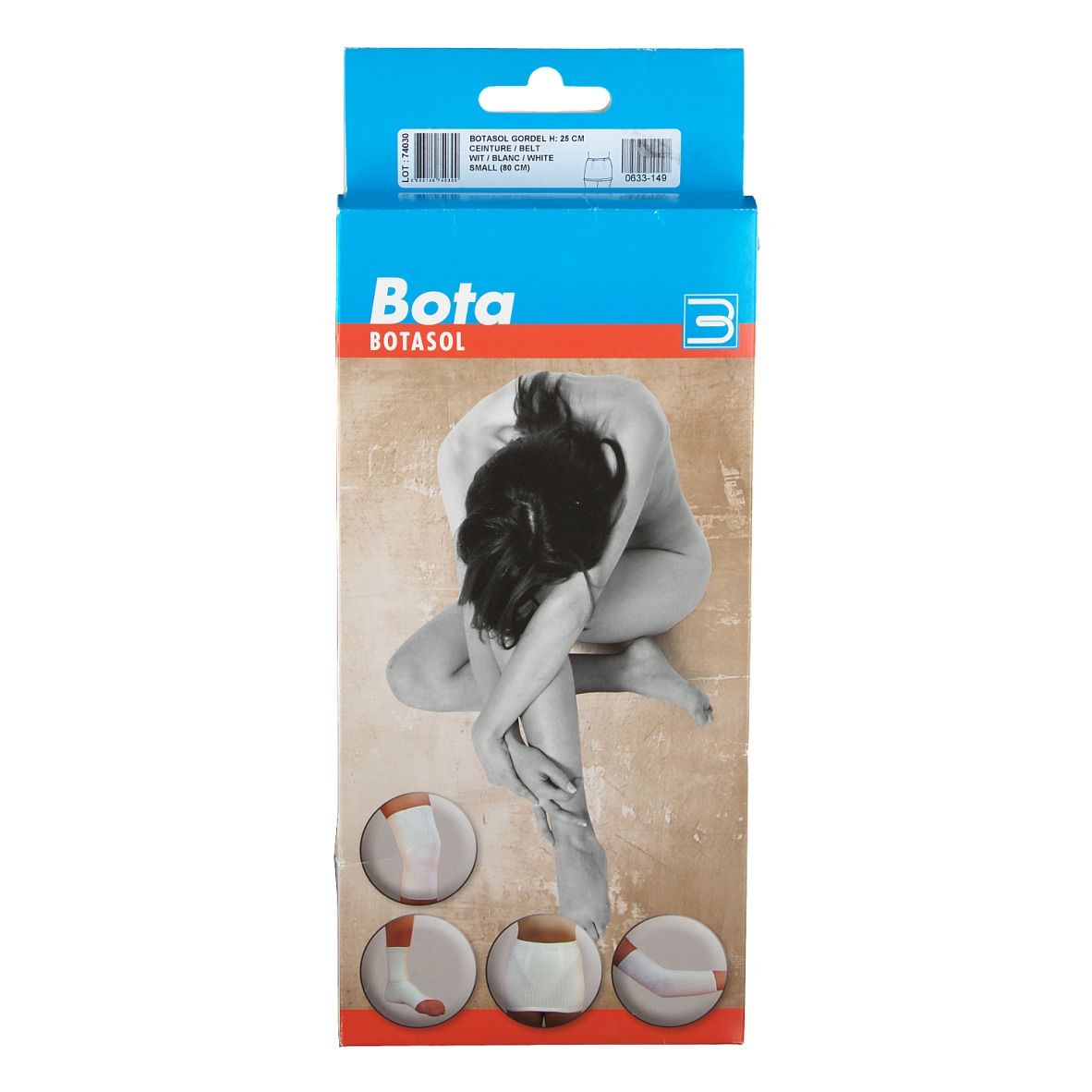Botasol Belt verpakking. Vrouw, productillustraties, Bota-logo. Blauw-wit ontwerp.