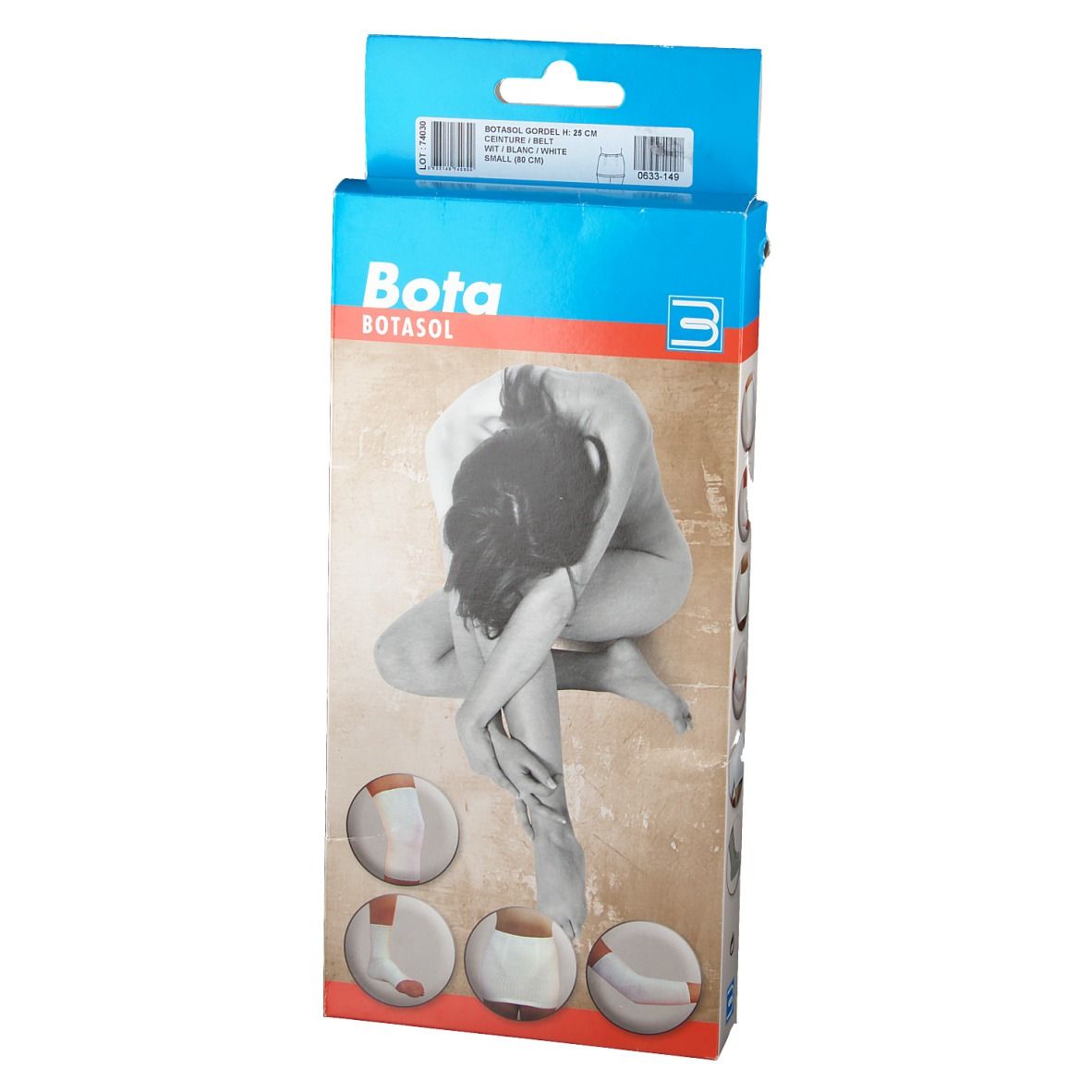 Botasol Belt verpakking. Vrouw, productillustraties, Bota-logo. Blauw-wit ontwerp.