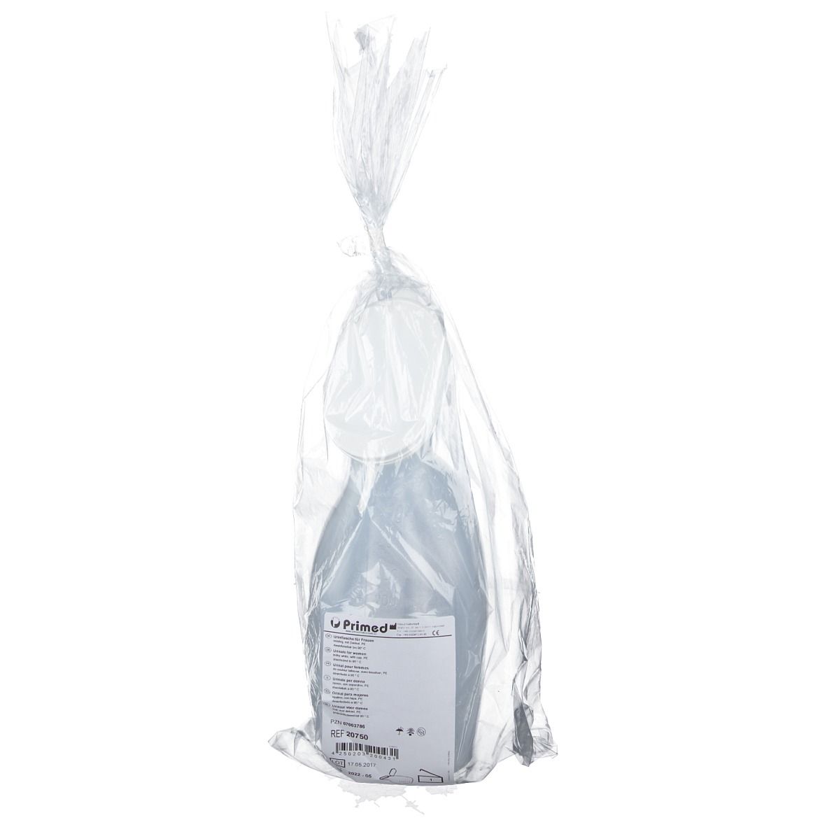 Urinefles in transparante plastic verpakking. Etiket met productinformatie zichtbaar.