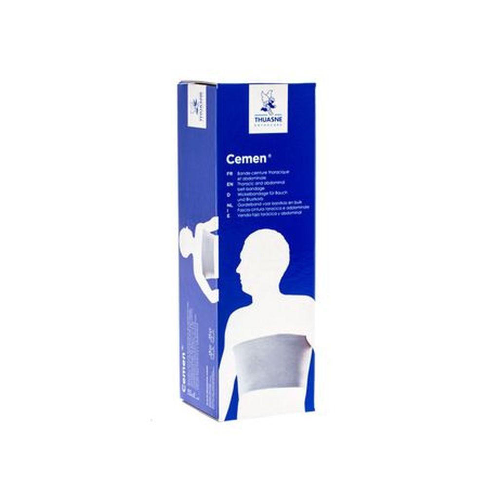 Blauwe doos Cemen. Borst- en buikband. Merk Thuasne. Illustratie van een silhouet. Meertalige tekst.