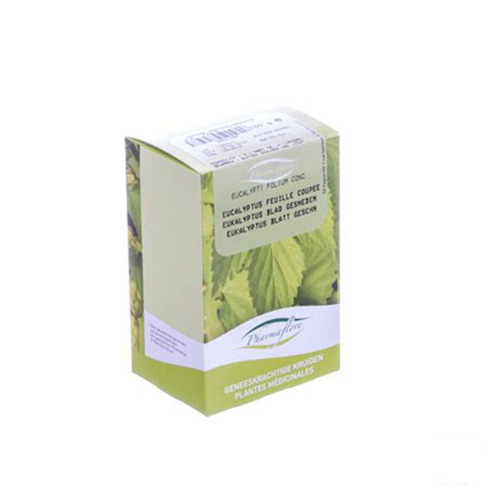 Doos met Pharmaflore-logo. Productnaam in het Duits, Frans, Nederlands. Plantenillustratie.