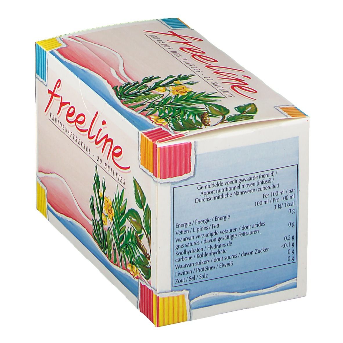 Boîte en carton "Freeline" avec informations nutritionnelles. Contient 20 sachets.