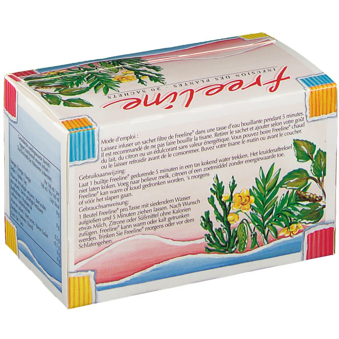 Boîte en carton "Freeline" avec mode d'emploi. Contient 20 sachets.