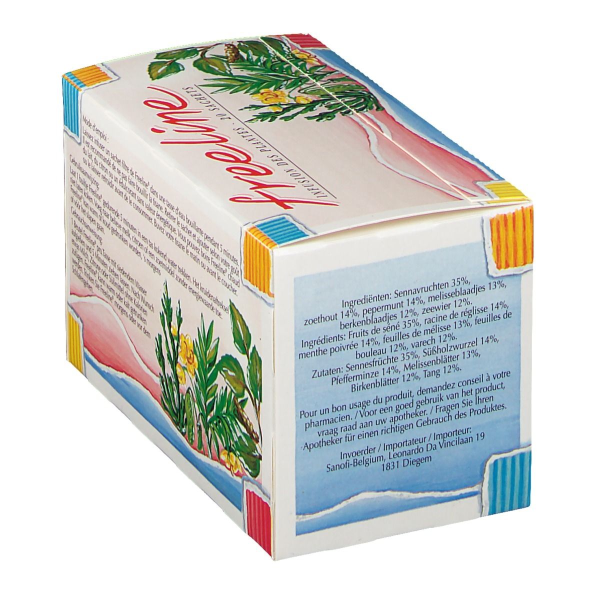 Boîte en carton "Freeline" avec liste des ingrédients. Contient 20 sachets.