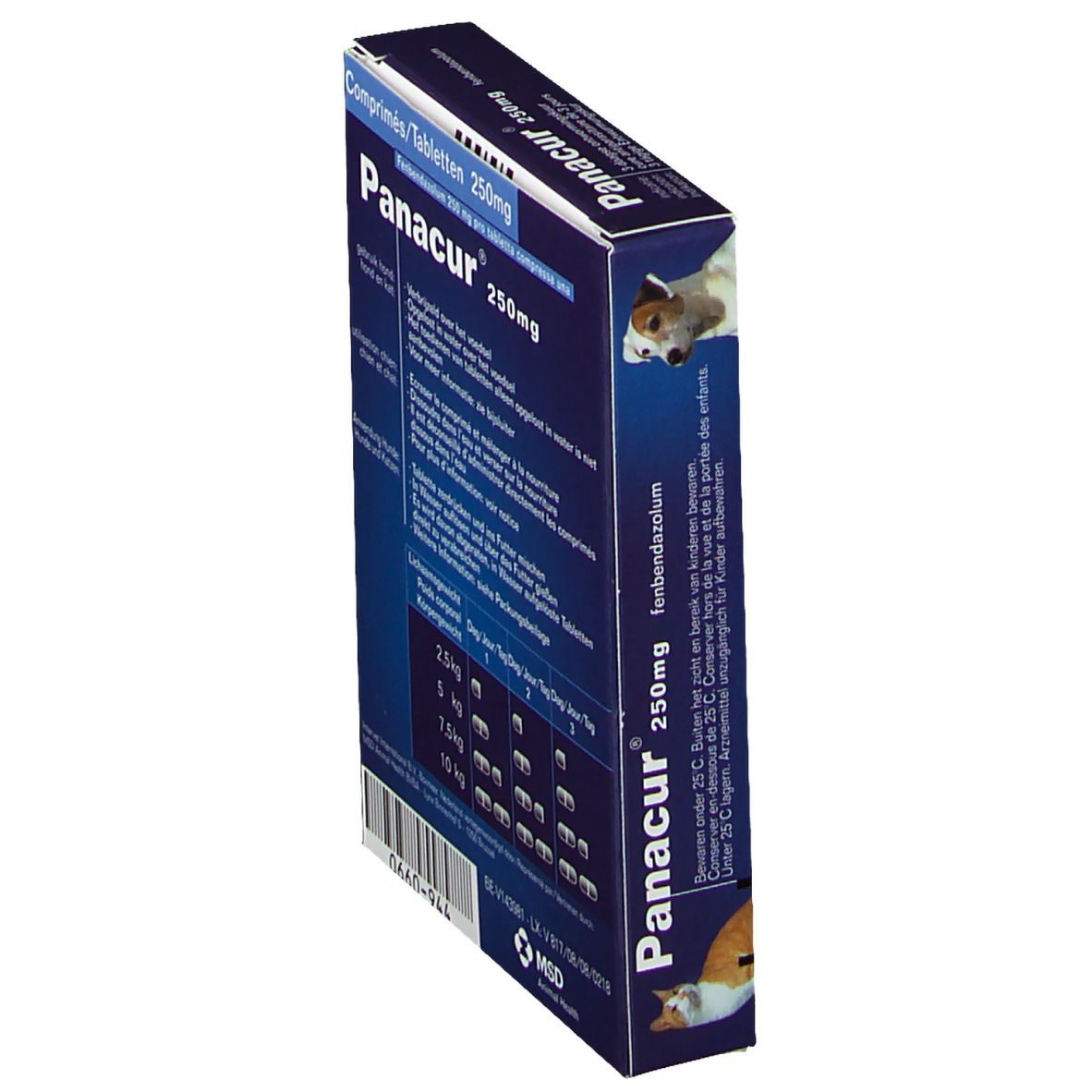 Blauwe doos, Panacur 250mg. Tekst met doseringsinstructies. Hond en kat afgebeeld.