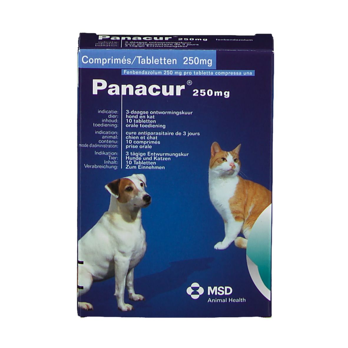 Blauw-witte doos met Panacur 250mg. Afbeeldingen van hond en kat. Tekst in het Duits, Frans en Nederlands.