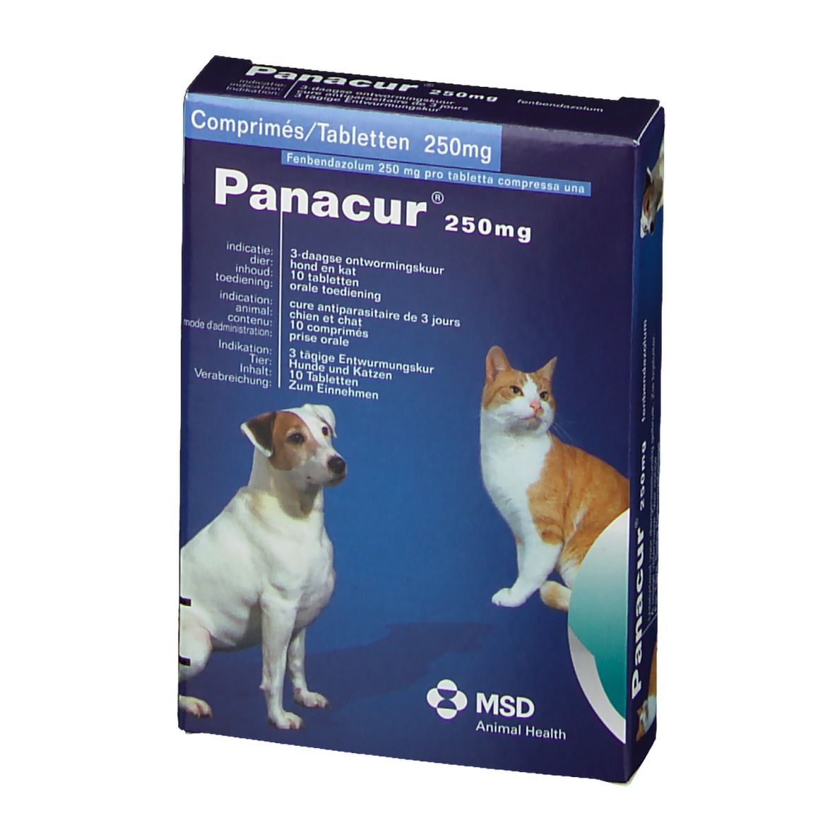 Blauw-witte doos met Panacur 250mg. Afbeeldingen van hond en kat. Tekst in het Duits, Frans en Nederlands.