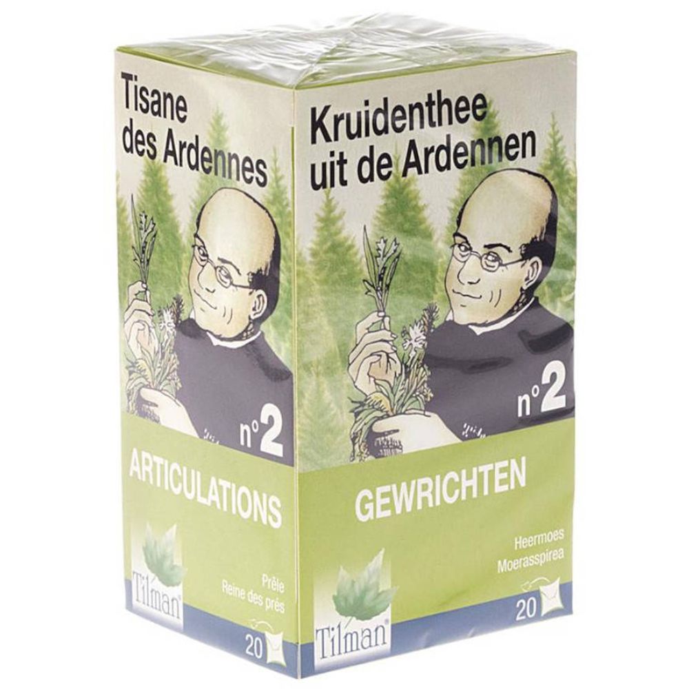 Kruidenthee-verpakking. Opschrift: Tisane des Ardennes, Gewrichten. Illustratie van man met kruiden. Merk Tilman.