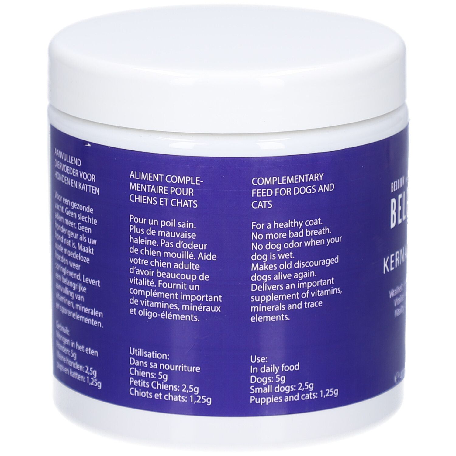 Achterkant van het witte bakje. Blauw etiket met tekst in meerdere talen. Dosering voor honden en katten.