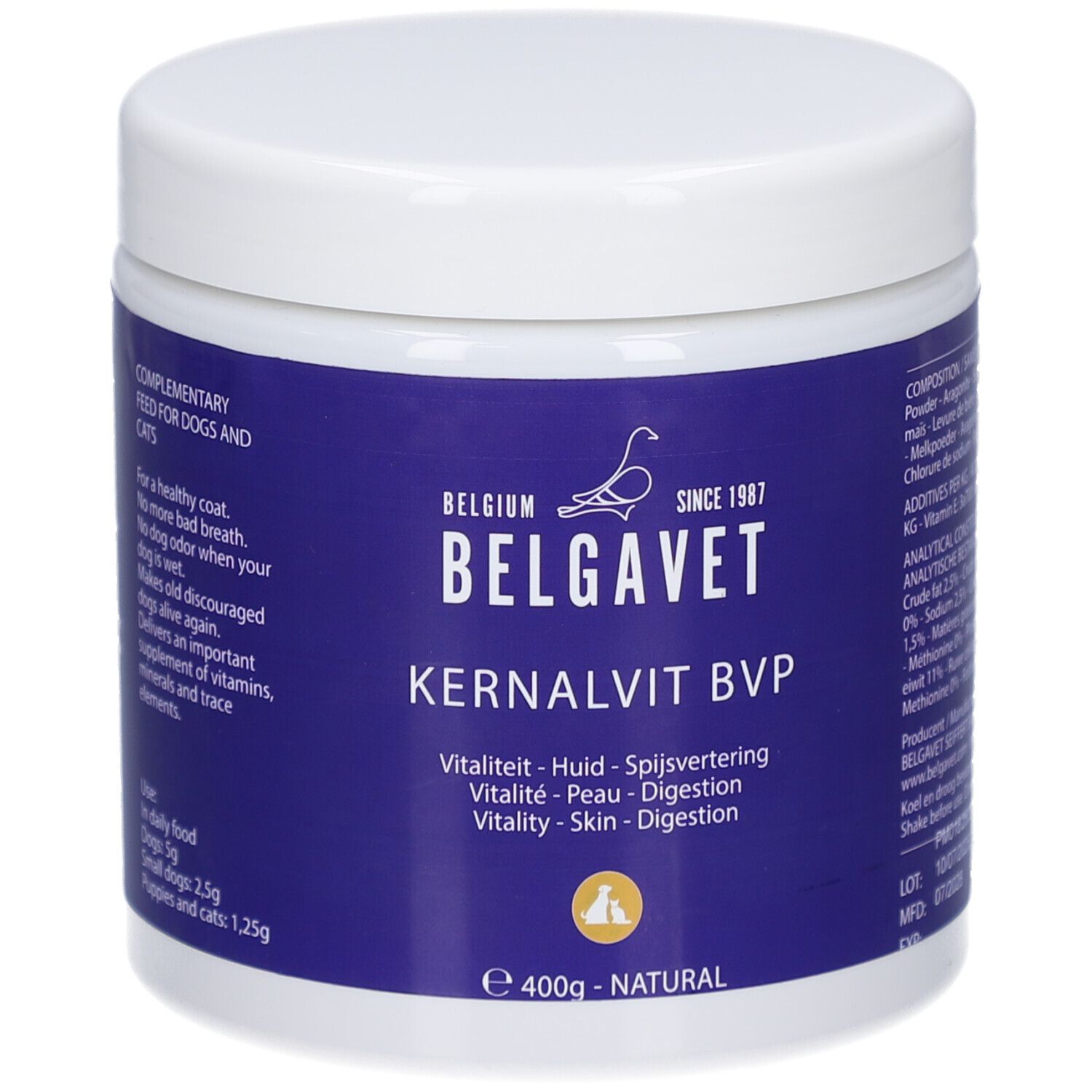 Wit cilindrisch bakje met blauw etiket. Opschrift: BELGAVET, Kernalvit BVP, e 400g - NATURAL. Vogel-logo.