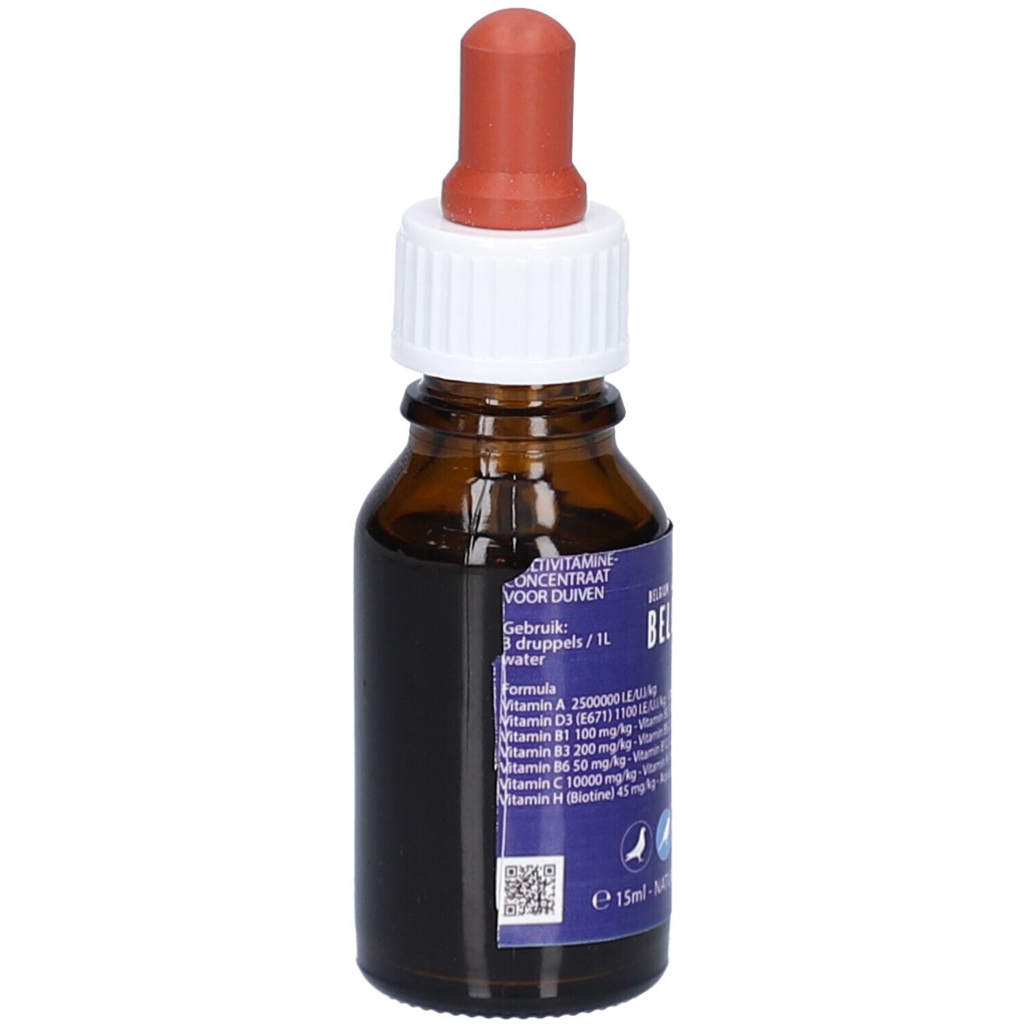 Flacon en verre brun avec bouchon blanc et pipette rouge. Étiquette bleue avec texte et code QR. Pour pigeons.