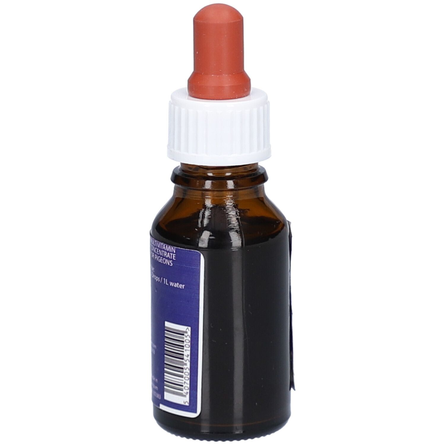 Flacon en verre brun avec bouchon blanc et pipette rouge. Étiquette bleue avec texte et code-barres. Pour pigeons.