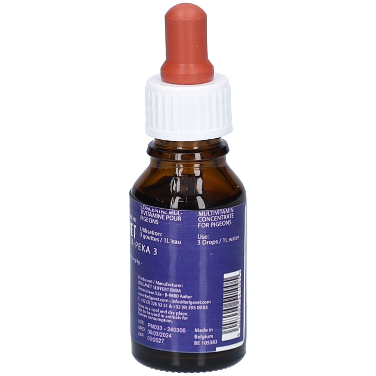 Flacon en verre brun avec bouchon blanc et pipette rouge. Étiquette bleue avec texte: VITA-PEKA 3. Pour pigeons.