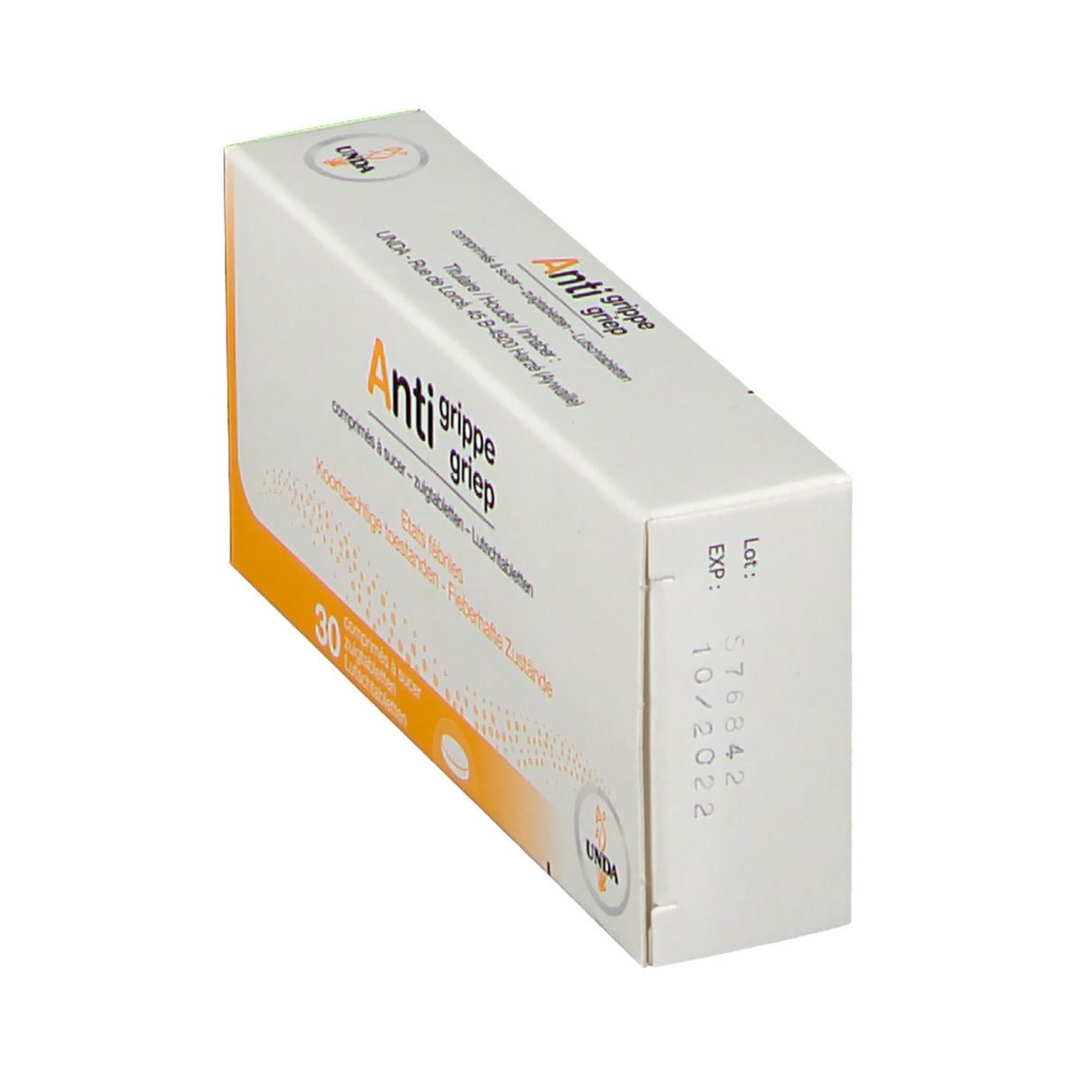 Boîte blanche en biais. Inscription: Anti grippe griep. 30 comprimés à sucer. Marque: UNDA. Impression: Date de péremption.
