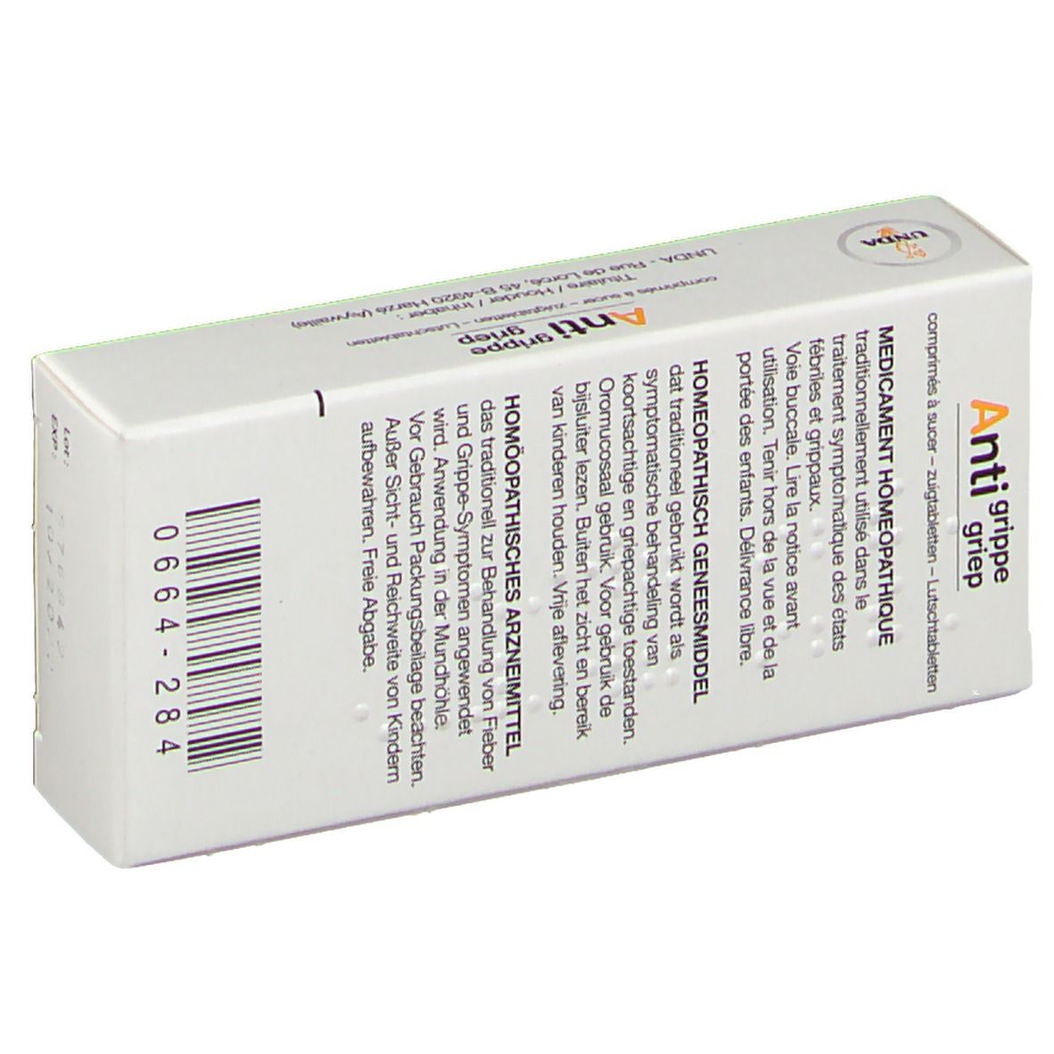 Boîte en biais. Inscription: Anti grippe griep. Médicament homéopathique. Marque: UNDA. Code-barres et numéro de lot.