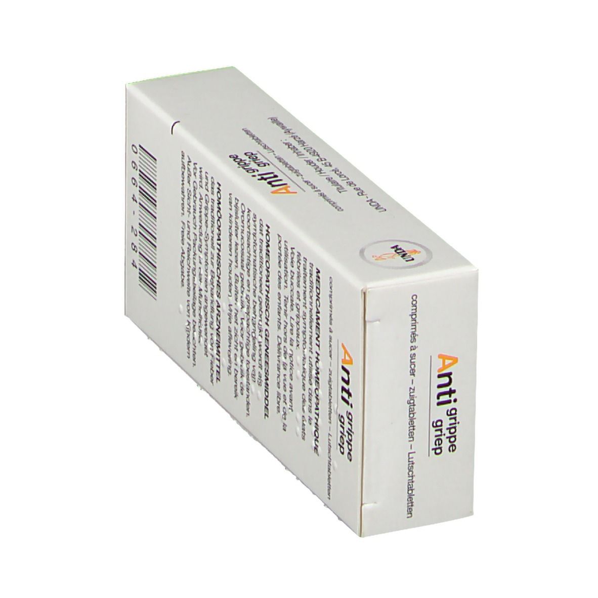 Boîte en biais. Inscription: Anti grippe griep. Médicament homéopathique. Marque: UNDA.