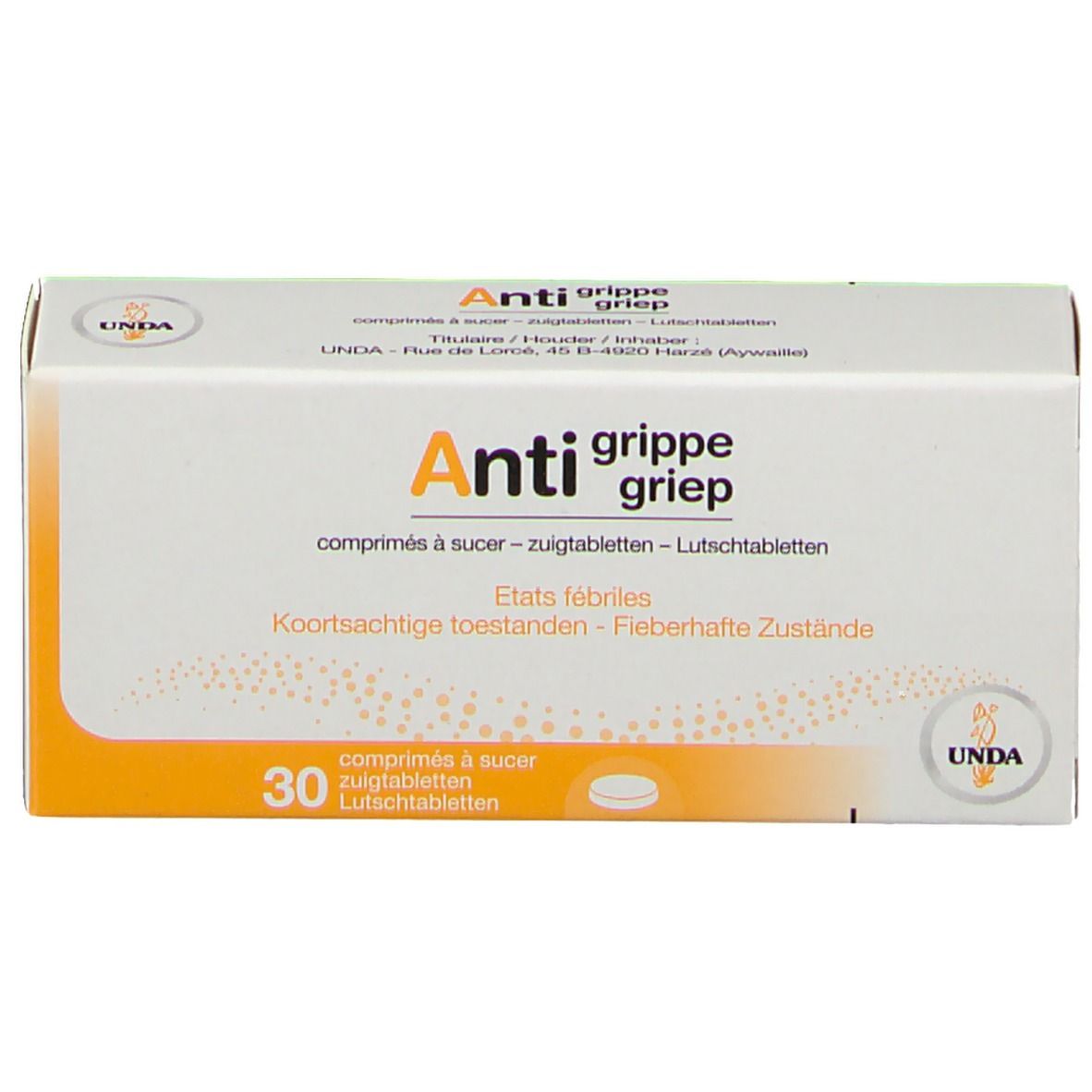 Boîte blanche et orange. Inscription: Anti grippe griep. 30 comprimés à sucer. Marque: UNDA.