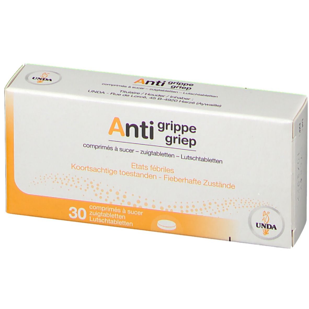 Boîte blanche et orange. Inscription: Anti grippe griep. 30 comprimés à sucer. Marque: UNDA.