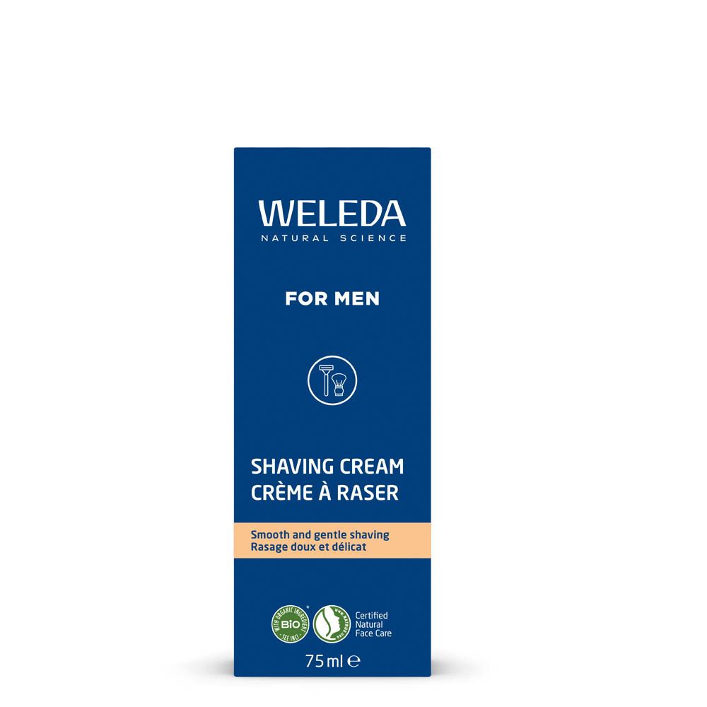 Crème à raser Weleda pour hommes en boîte pliante bleue. 75 ml.