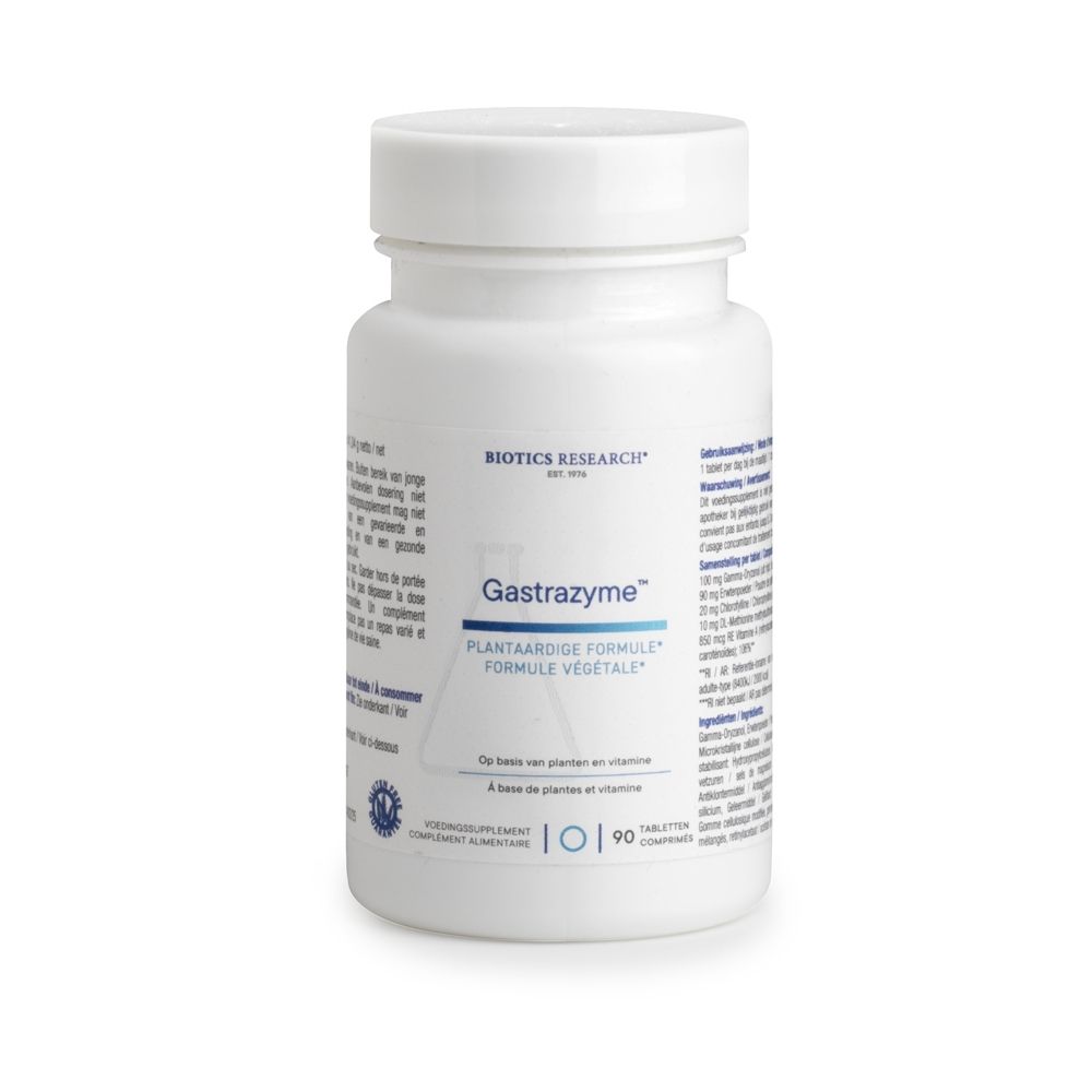 Witte fles met schroefdop. Opschrift: Gastrazyme, Vitamine U-complex. 90 tabletten. Merk: Biotics Research.