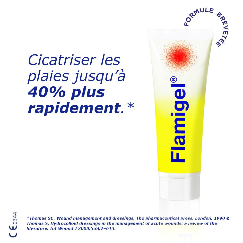 Boîte avec Flamigel®. Inscription Flamigel®. Point rouge. Textes en français.