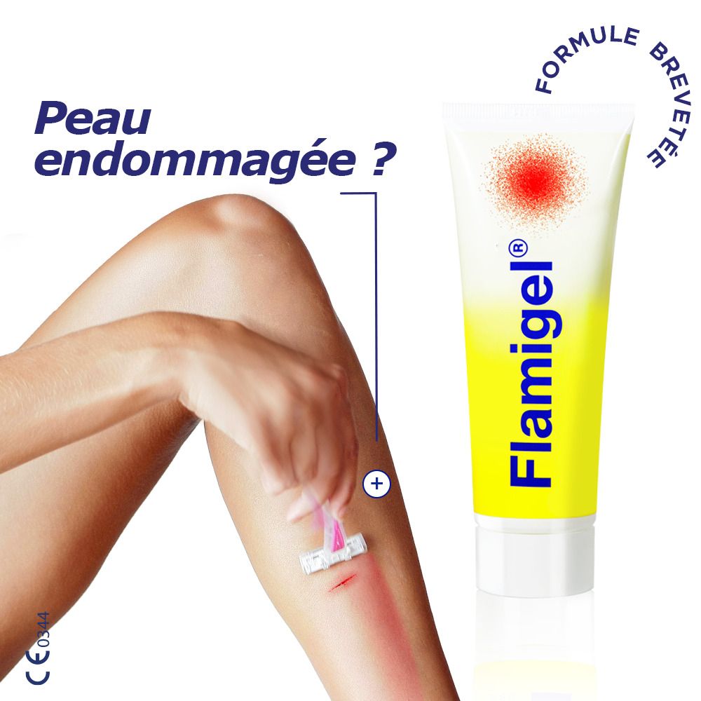 Boîte avec Flamigel®. Inscription Flamigel®. Point rouge. Textes en français.