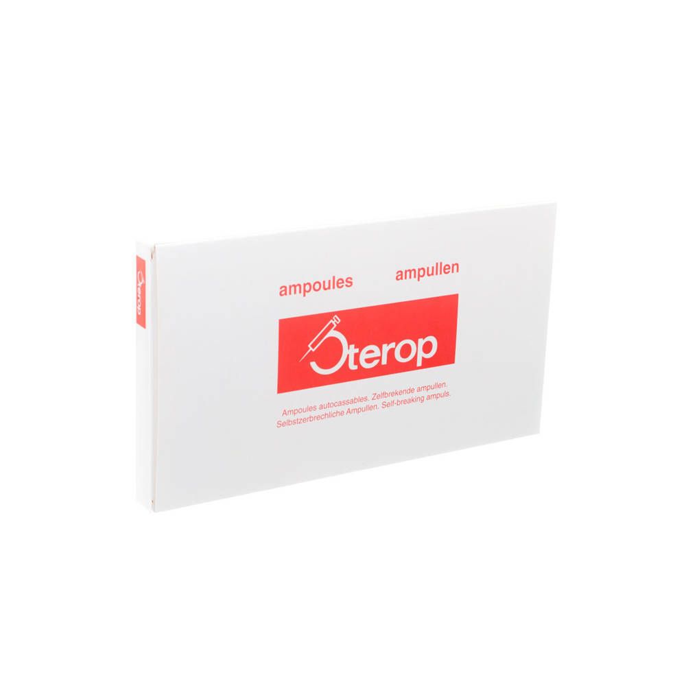 Witte verpakking met rood logo. Opschrift "Sterop" en "ampoules"/"ampullen".