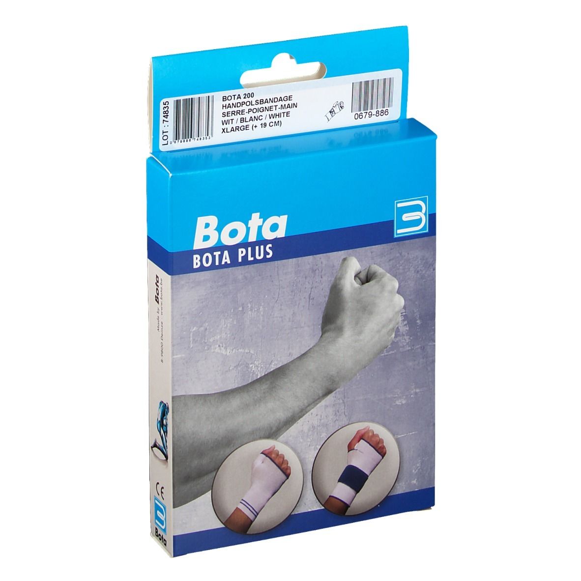 Boîte bleue et blanche BOTA PLUS. Bandage poignet XL. Illustration du produit et logo. Informations.
