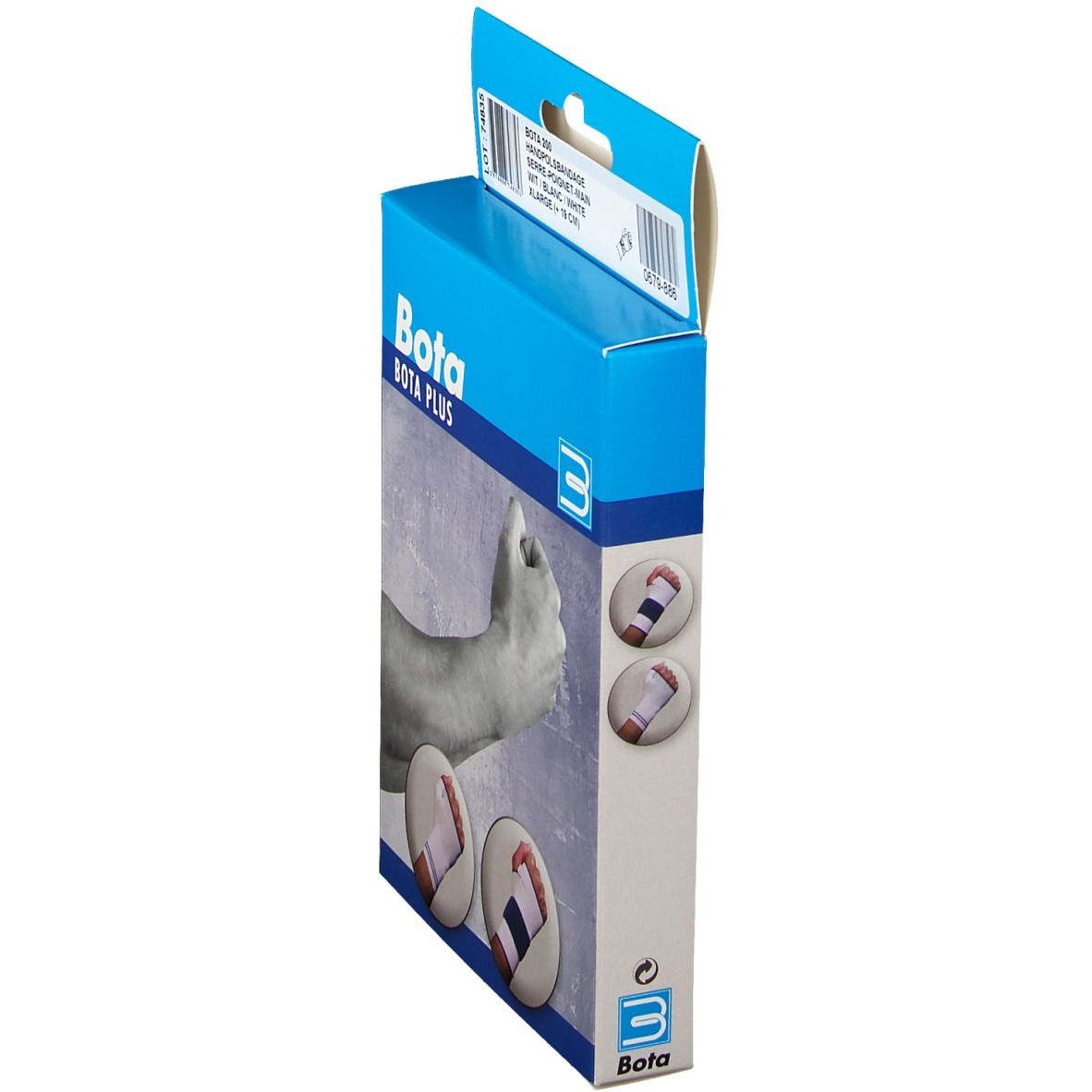 Vue latérale de la boîte BOTA PLUS. Boîte bleue avec illustrations et logo. Taille XL.
