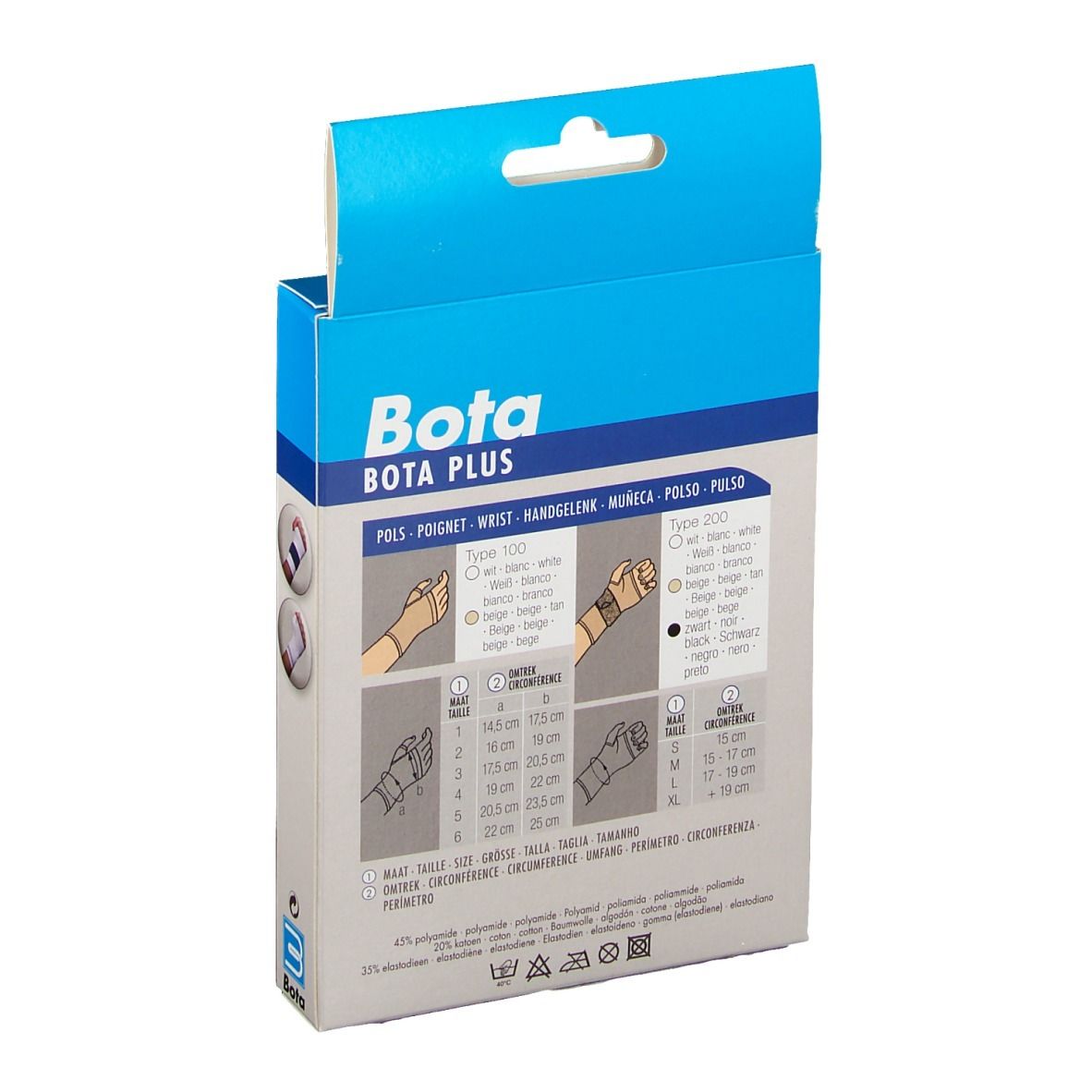 Dos de la boîte BOTA PLUS. Informations sur les tailles et le produit. Multilingue.