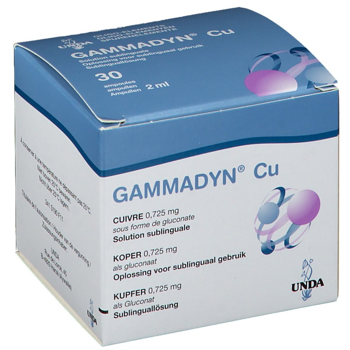 Boîte de Gammadyn Cu. 30 ampoules, 2 ml. Emballage bleu et blanc avec nom et logo du produit. Contient du cuivre.