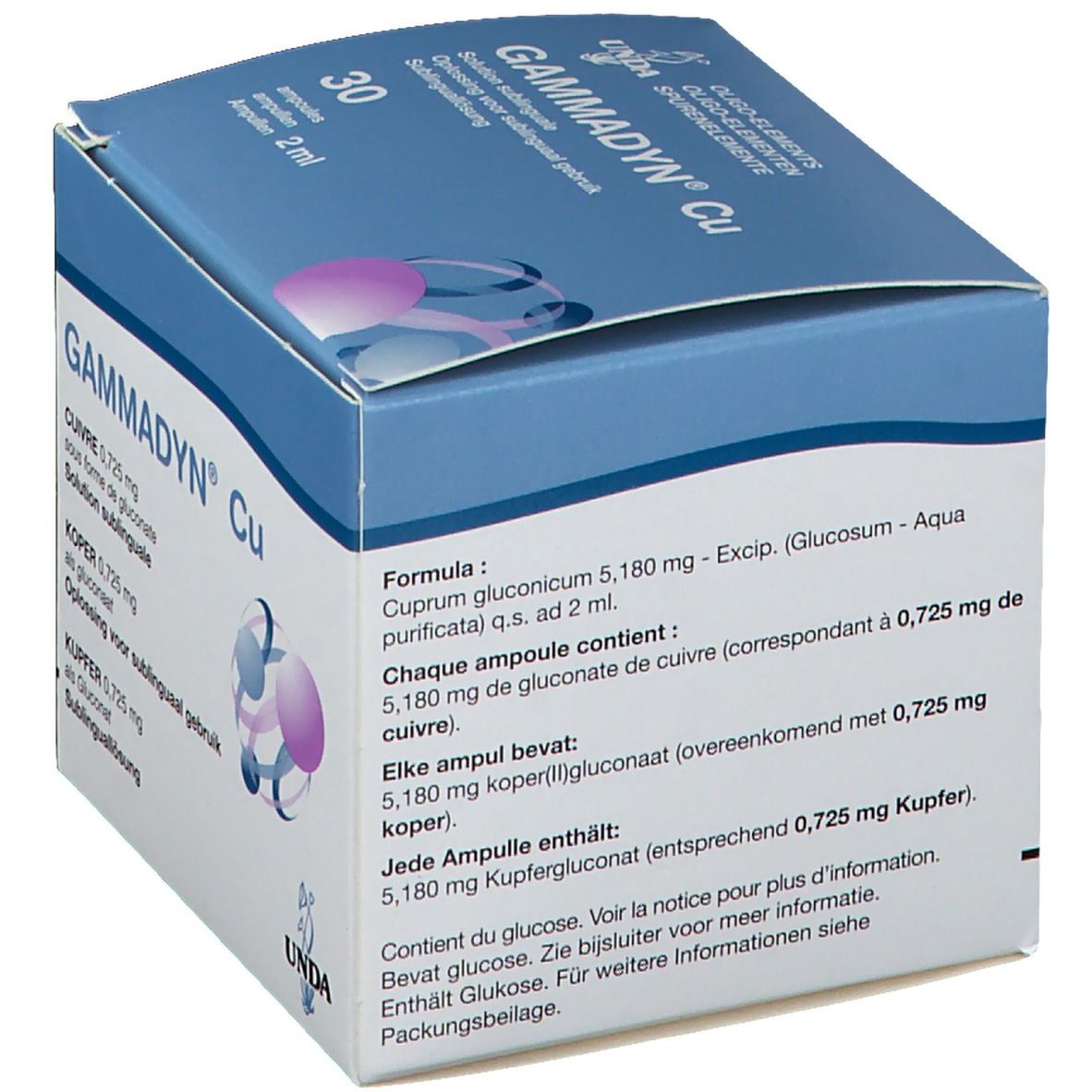 Boîte de Gammadyn Cu. Contient 30 ampoules. Texte avec ingrédients et dosage. Marque UNDA.