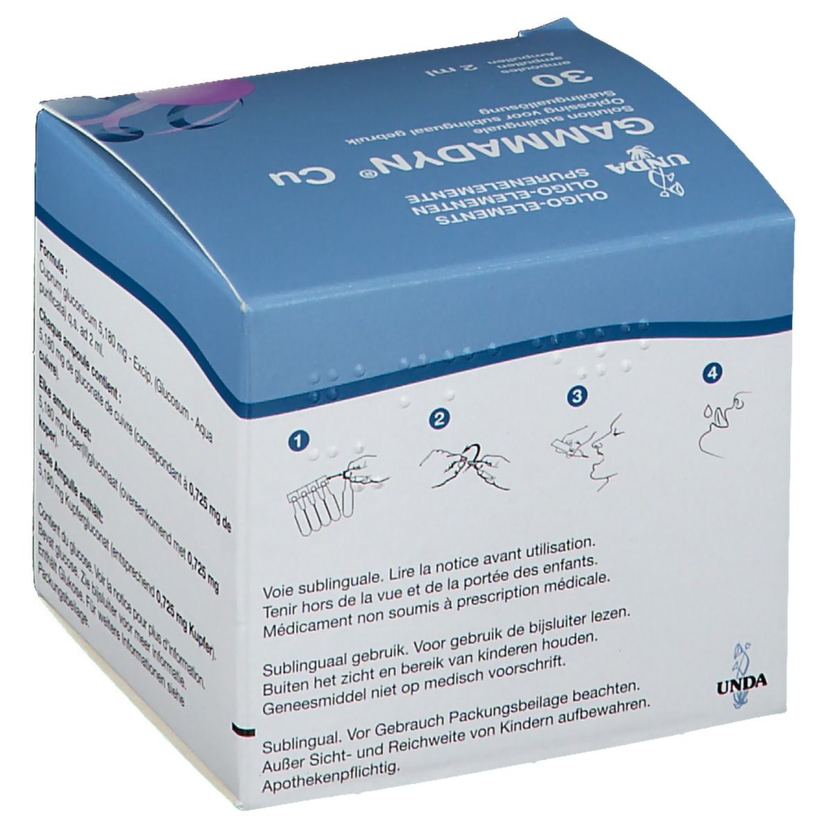 Emballage Gammadyn Cu. 30 ampoules. Instructions avec pictogrammes. Marque UNDA.