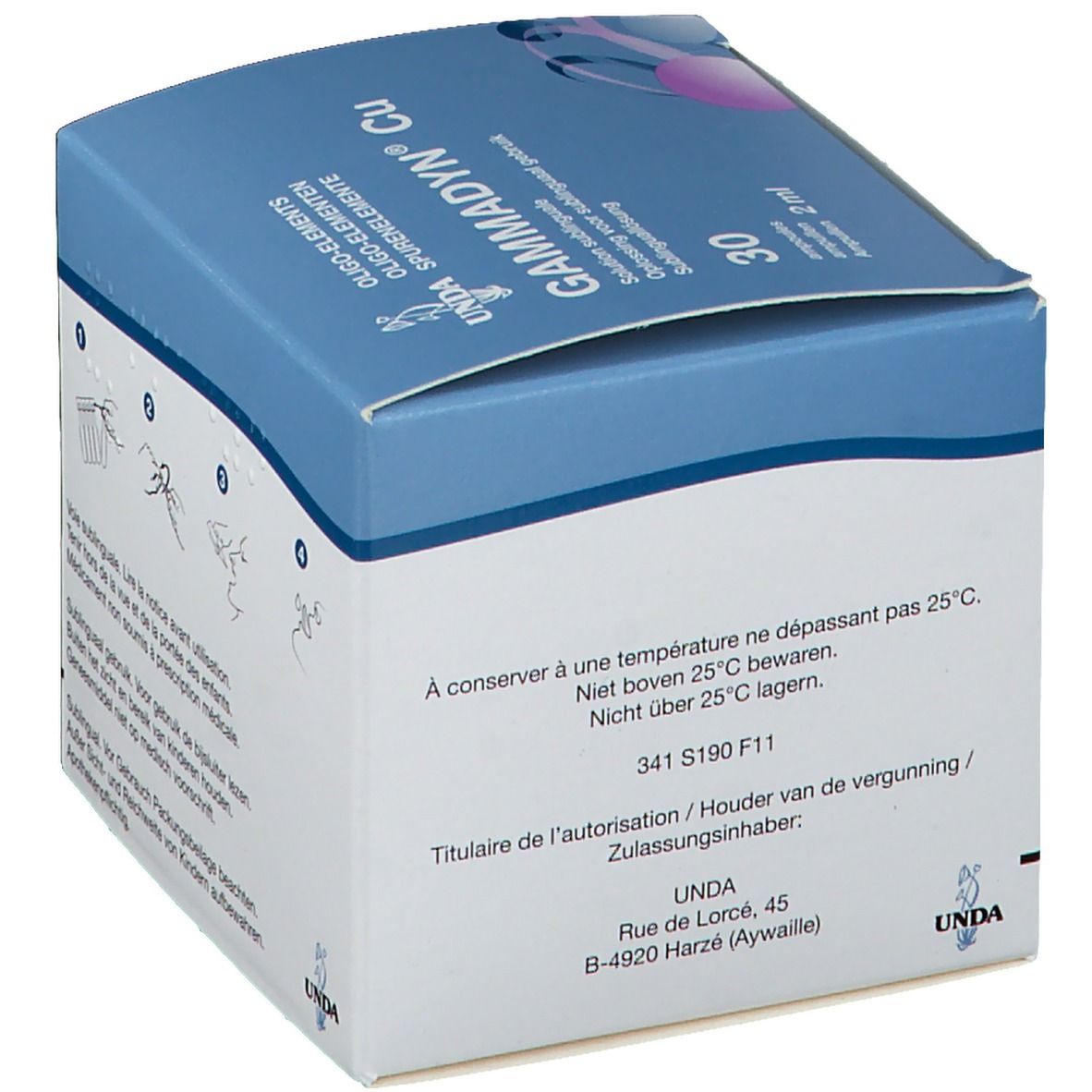 Emballage Gammadyn Cu. Contient 30 ampoules. Texte sur le stockage et le fabricant. Marque UNDA.