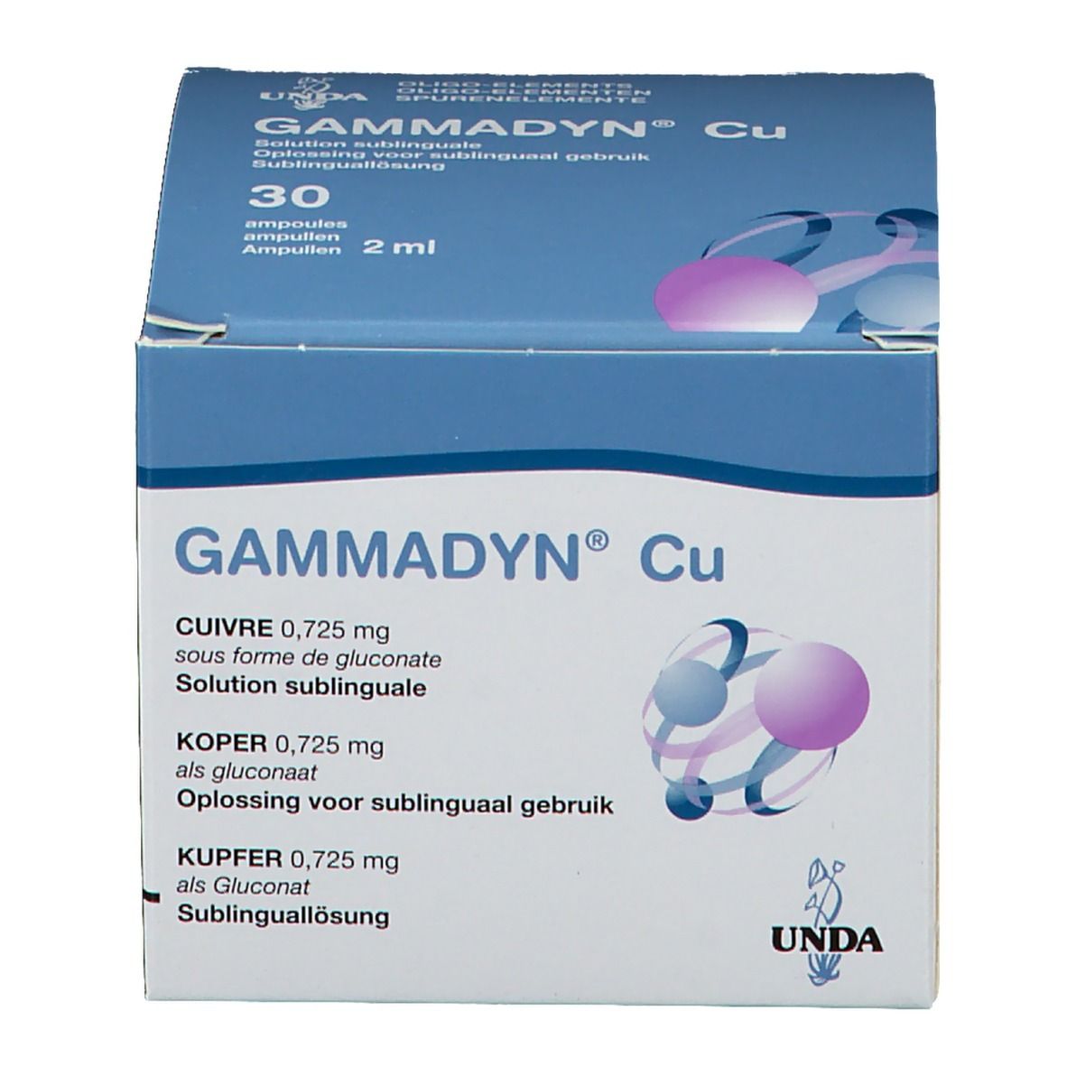Boîte de Gammadyn Cu. 30 ampoules, 2 ml. Emballage bleu et blanc avec nom et logo du produit. Contient du cuivre.