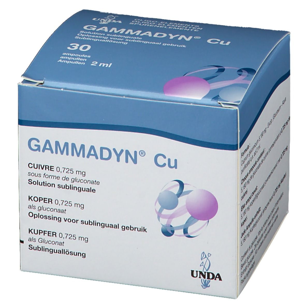 Boîte de Gammadyn Cu. 30 ampoules, 2 ml. Emballage bleu et blanc avec nom et logo du produit. Contient du cuivre.
